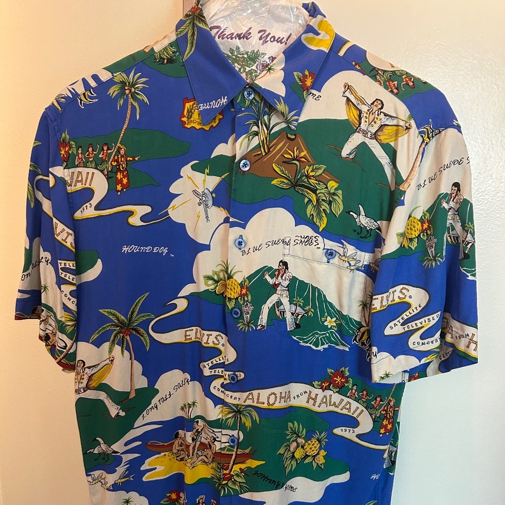 Vintage Elvis Presley "Aloha from Hawaii" Silk Shirt Novelty Tropical 1973 Large